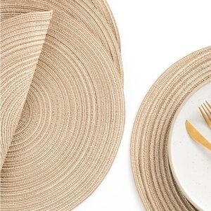 NWT Floroom 15 Inch Diameter Round Braided Placemats Set of 4, Natural/ Ivory